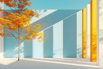 Wall Mural - Autumn Leaves Minimalist Design, Blue Wall With White and Yellow Pillars