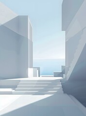 Canvas Print - Minimalist White Architecture Stairs and Sea View