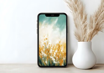 Wall Mural - Phone Mockup With A  Field Of Wildflowers In Watercolor Style