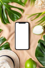 Wall Mural - Summer Tropical Phone Mockup with Green Leaves and White Background