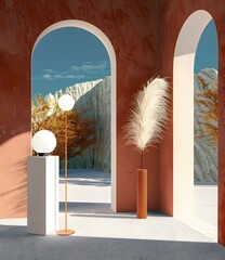 Wall Mural - Minimalist Interior Design with Arches and Pampas Grass