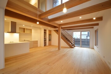 Poster - Modern Open Concept Living Room with Wooden Beams and Floor