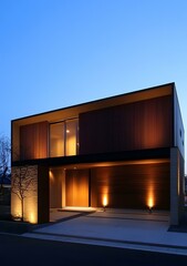 Sticker - Modern Wooden House Exterior With Evening Lighting