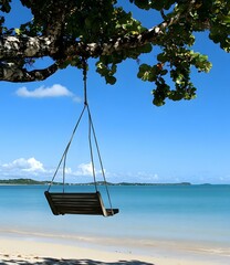 Sticker - Tropical Beach Swing Hanging from Tree with Ocean View