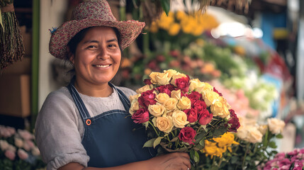 A happy colombian female flower vendor smiles while holding a vibrant bouquet of roses and flowers in a lively market setting