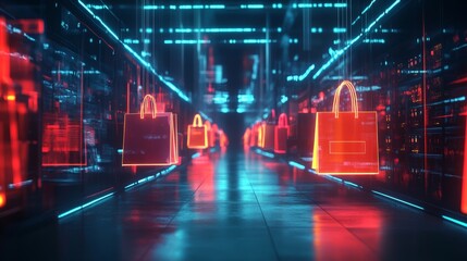 Neon Shopping Bags in a Digital Corridor.