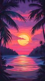 Fototapeta Zachód słońca - A stunning sunset over the tropical beach, with palm trees silhouetted against the vibrant colors of pink and purple in the sky