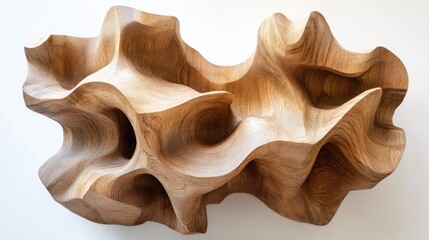 Dynamic abstract wood carving with organic patterns and flowing shapes, highlighted against a clean white background