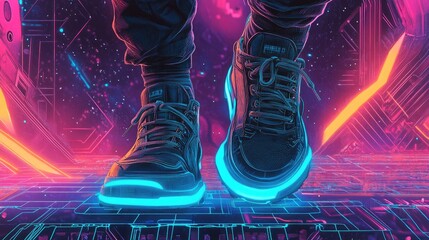 A person walking on a neon glowing futuristic walkway with glowing sneakers.