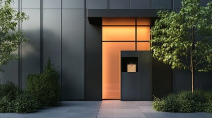 Poster - A modern parcel delivery box with a package inside, standing at the entrance of a sleek office building.