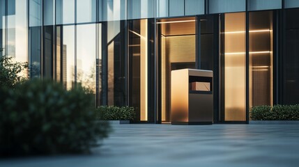 A modern parcel delivery box with a package inside, standing at the entrance of a sleek office building.