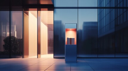 Poster - A modern parcel delivery box with a package inside, standing at the entrance of a sleek office building.