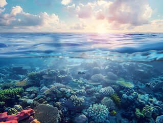 Wall Mural - thriving marine ecosystem in serene ocean sunrise with copy space
