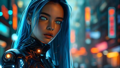 Wall Mural - Futuristic Cyborg Fashion Model Embracing Negative Space with Expressive Eyes and Long Blue Hair Against an Eye-Catching Glitch Background