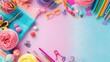 © Design - Colorful yarn, scissors, pencils, and other craft supplies on a pink and blue background.