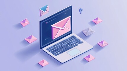 Poster - Illustration of a simple email list interface on a laptop, with a geometric envelope symbolizing communication efficiency.