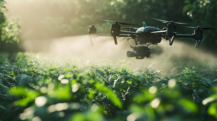Poster - Close-up of drone nozzles releasing a fine mist of chemicals over crops in a controlled pattern.