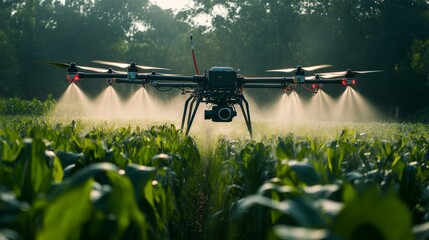 Poster - Close-up of drone nozzles releasing a fine mist of chemicals over crops in a controlled pattern.