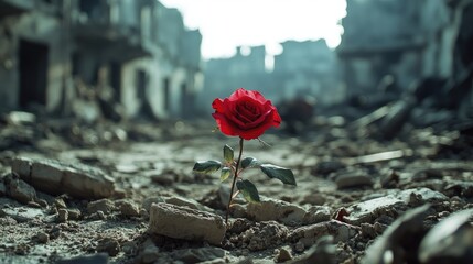 In the middle of a desolate war zone, a small red rose stands defiantly, surrounded by ruins and debris, representing fragile beauty.