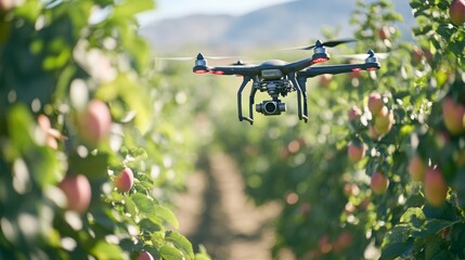 Drone equipped with thermal sensors flying over an orchard, autonomously tracking plant health.