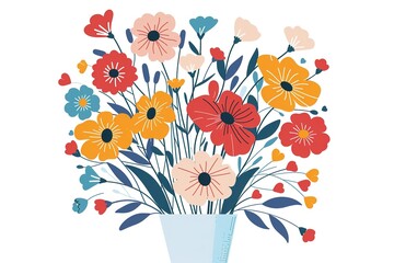 Simple flat vector illustration of colorful flowers in vase white background minimalistic style colorful design