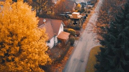 Poster - Drone flying over a quiet street, carrying a parcel to a house surrounded by autumn trees.