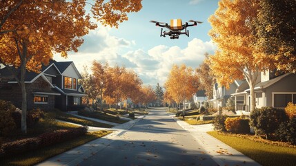 Poster - Drone flying over a quiet street, carrying a parcel to a house surrounded by autumn trees.