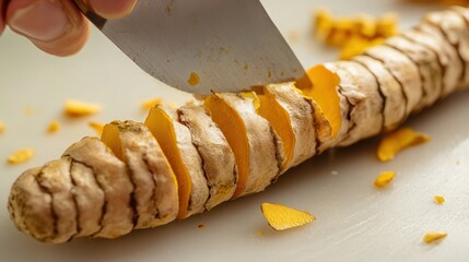 A turmeric root being sliced into thin sections, isolated on a clean white background