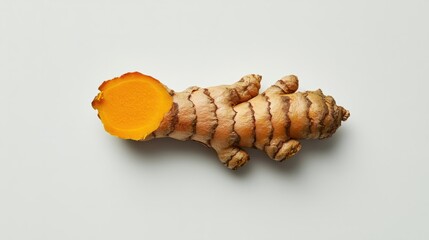 A turmeric root partially peeled, isolated on a crisp white background