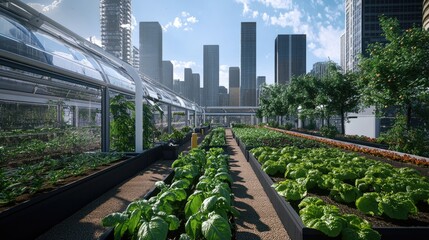Poster - Urban farm with AI-driven crop management and robotic harvesting systems, demonstrating high-tech sustainability solutions in the city.