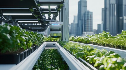 Poster - Urban farm with AI-driven crop management and robotic harvesting systems, demonstrating high-tech sustainability solutions in the city.