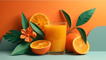 Wall Mural - Vibrant Paper Cut Illustration of Fresh Orange Juice in Craft Style