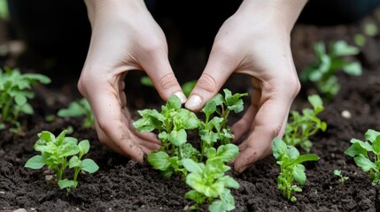 A person is planting a garden with their hands