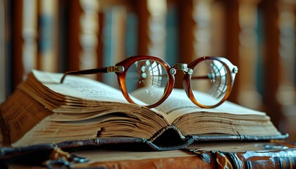 Wall Mural - Vintage library scene featuring eyeglasses resting on an open book, blending history with innovative generative AI technology