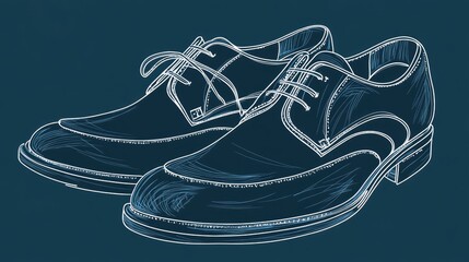 Wall Mural - A pair of men's dress shoes illustrated in a white outline on a dark blue background.