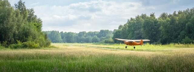 Canvas Print -  A small plane takes off from a runway in the midst of a field, surrounded by tall grass and trees