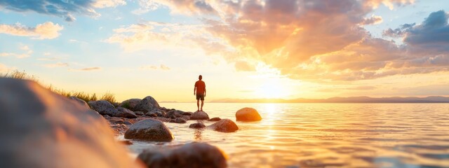  A person on a rock amidst tranquil water as the sun sets behind them