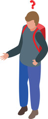 Poster - Isometric vector illustration of a young man with a backpack, looking confused and trying to make a decision