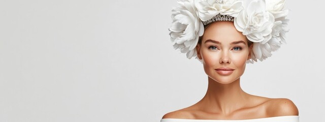 Wall Mural -  A woman in a white gown wears a flower in her hair and dons a tiara