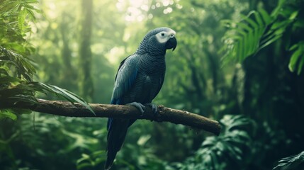 Wild African Grey parrot resting on a branch in its natural rainforest habitat, surrounded by greenery.