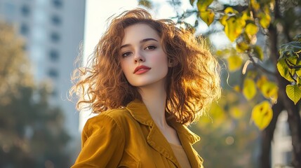 Wall Mural -  A woman with scarlet hair stands before a tree, her eyes shut, hair billowing in the wind