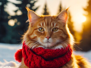 red fluffy cat in a red scarf on a winter background