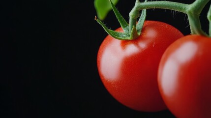 Wall Mural -  A tight shot of two ripe tomatoes on a vine against a black backdrop One tomato remains attached, the other is slightly detached yet still connected