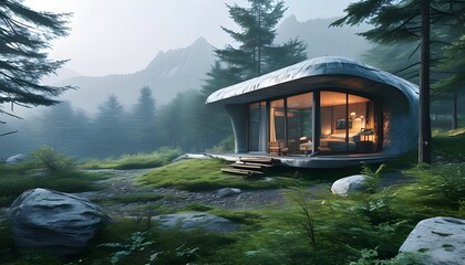 Serene mountain landscape featuring a quaint hut surrounded by foggy forest in the early morning light