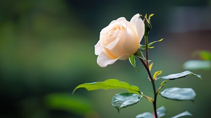  A solitary white rose atop a verdant branch against a hazy green backdrop