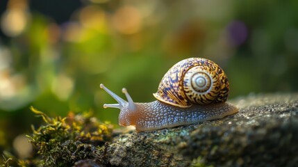 Wall Mural -  A tight shot of a snail on a rock, surrounded by an out-of-focus backdrop of grass and trees