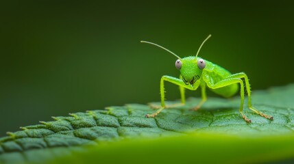 Wall Mural -  A tight shot of a green grasshopper atop a verdant leaf, surrounded by a softly blurred background