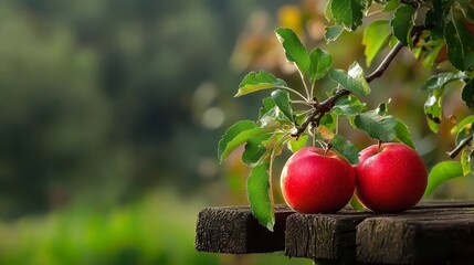  Two apples atop a wooden table, near a green tree with leafy foliage Background softly blurred