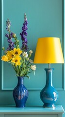 Poster - Floral arrangement with vibrant yellow flowers and a blue lamp on turquoise background, interior decor concept