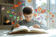 © Alexandra - Young boy is reading a book at home with colorful letters floating around him